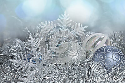New Year balls and snowflakes in tinsel a Stock Photo