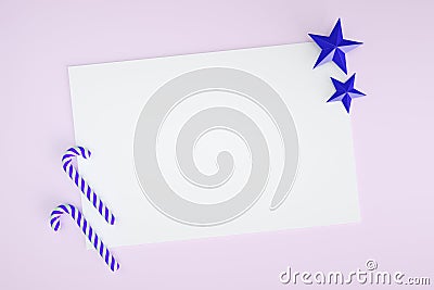 New Year banner with toys, blue canes and stars. Cartoon Illustration