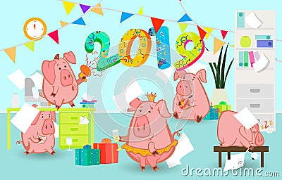 2019 New Year bash. Pigs celebrating party vector illustration. Cool vector flat character design on New Year or Birthday party wi Cartoon Illustration