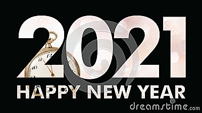 2021 New year. Black papercut number 2021 against gold pocket watch almost at midnight on pink background. Happy new year text Stock Photo