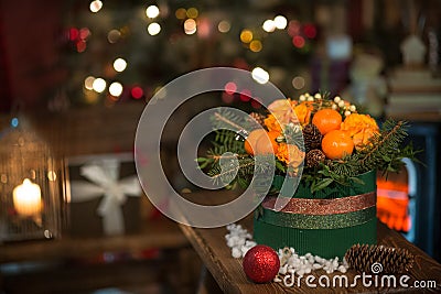 New year a bouquet of flowers and tangerines Stock Photo