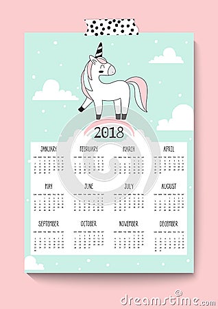 2018 New year calendar. Cute unicorn. Vector. A4 Stock Photo