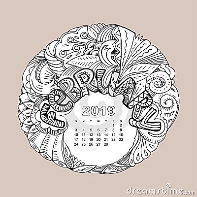 New year calendar grid with lettering February in zentangle inspired style. Christmas mandala. Zen monochrome graphic. Vector Illustration