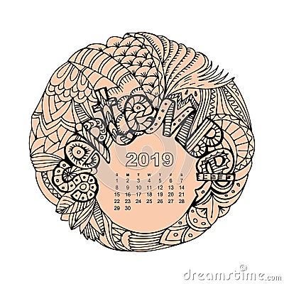 New year calendar grid with lettering September in zentangle inspired style. Christmas mandala. Zen monochrome graphic. Vector Illustration