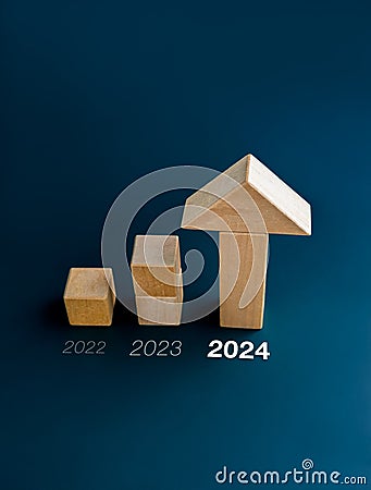 2022, 2023 and 2024 new year calendar number with wooden cube blocks bar graph chart steps. Stock Photo