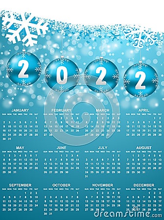 New year 2022 calendar. Winter design illustration with snowflakes and blue christmas balls. Sundays first Cartoon Illustration