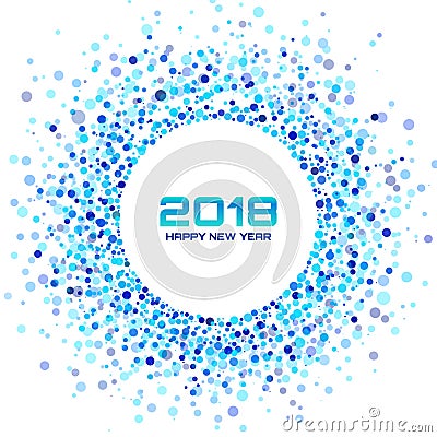 New Year 2018 Card Background. Blue Light Halftone Circle Frame using confetti circle dots texture on white background Vector Illustration