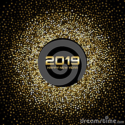 New Year 2019 Card Background. Gold glitter paper confetti. Glistening Golden Disco Lights. Glow Christmas. Vector Vector Illustration