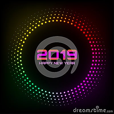 New Year 2019 card background. Halftone Circle Frame. Colorful bright glowing dots circular border. Vector illustration Vector Illustration