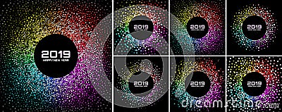 New Year 2019 Card Backgrounds set. Bright Colorful Disco Lights Confetti Circle Frame isolated on black background. Vector Illustration