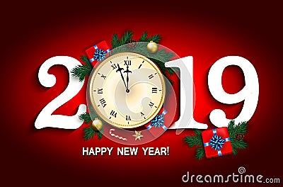 2019 New Year card with clock, gift box, candy cane, pine branch Vector Illustration