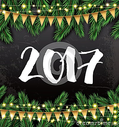 2017. New Year Card with Fir Branches and Neon Garlands. Stock Photo