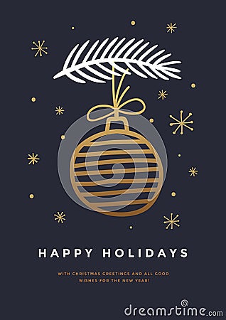 New Year card with hand-drawn Christmas ball and branch Christmas tree on dark background. Vector Illustration