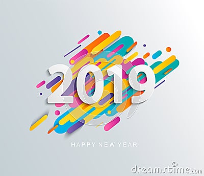 New Year 2019 card on modern motion background. Vector Illustration