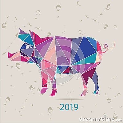 The 2019 new year card with Pig made of triangles Vector Illustration