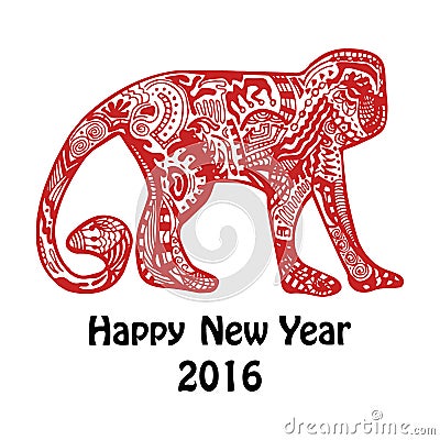 New Year card with red hand-drawn monkey Vector Illustration