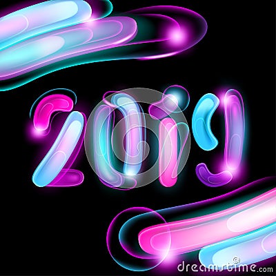 2019 New Year Card with Shine Effect on Black Background Stock Photo