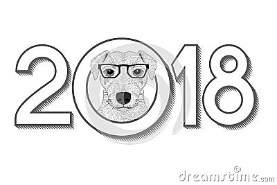 2018 New Year Card with Terrier Hear in Glasses Vector Illustration