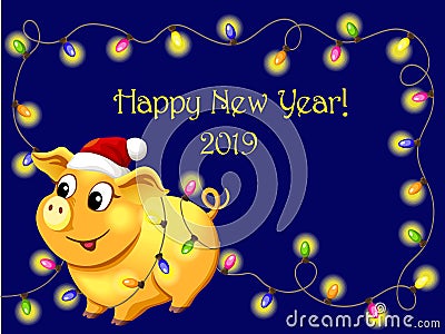 New Year card with a yellow piggy symbol of year. Vector Illustration