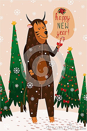 New Year card with zodiac tiger in brown bull pajamas for 2021. Vector illustration of a tiger on a beige background with a Cartoon Illustration