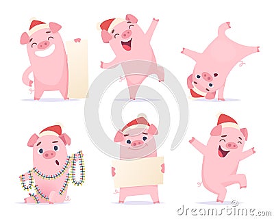 New year cartoon pig. Funny 2019 cute characters boar hog piglet mascot vector illustrations isolated Vector Illustration