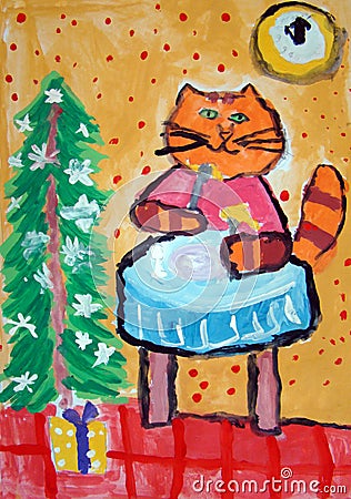 New Year cat - gouache painting made by child Stock Photo