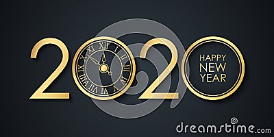 2020 New Year celebrate banner with 2020 numbers creative design, gold clock and Happy New Year holiday greetings. Vector Illustration