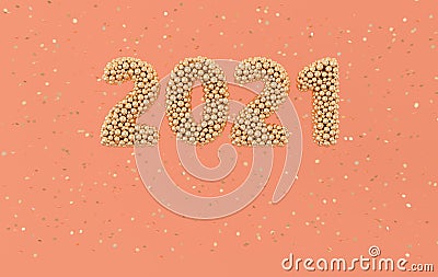 New year 2021 celebration background. Golden numerals 2021, floating glossy confetti. Realistic illustration for New Year`s and Cartoon Illustration