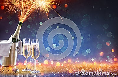 New Year Celebration With Champagne And Fireworks Popping Stock Photo