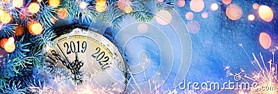 New Year 2019 - Celebration With Dial Clock On Snow Stock Photo