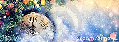 New Year 2018 - Celebration With Dial Clock On Snow Stock Photo