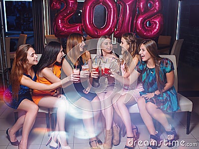 New Year 2018 celebration. Happy girls company Stock Photo