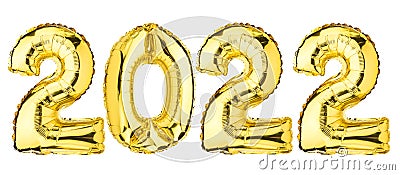 New Year 2022 celebration. Helium balloon. Golden Yellow foil color. Number Two 2 and Zero 0. Good for Party, greeting card, Adver Stock Photo