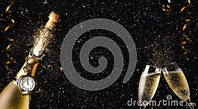 New year celebration party with champagne bottle and glasses toasting Stock Photo