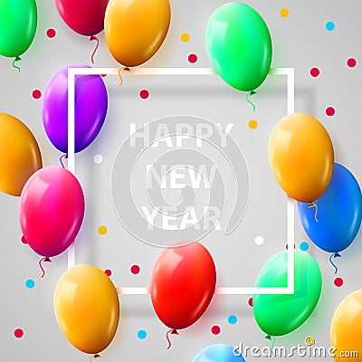 New year celebration Poster with Shiny Balloons on White Background with Square Frame. Vector Illustration