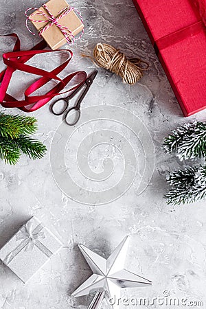 New year 2018 celebration with presents and boxes on stone background top veiw mock up Stock Photo