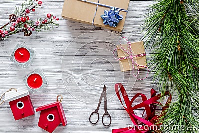 New year 2018 celebration with presents and boxes on wooden background top veiw mock up Stock Photo