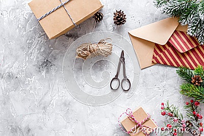 New year 2018 celebration with presents and envelope on stone background top veiw mock up Stock Photo