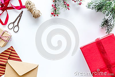 New year 2018 celebration with presents and envelope on white background top veiw mock up Stock Photo