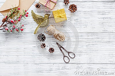 New year 2018 celebration with presents and envelope on wooden background top veiw mock up Stock Photo