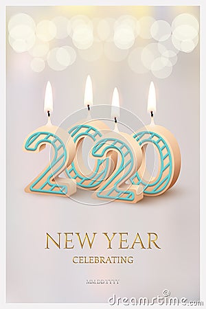 2020 New Year celebration vertical design concept. Vector 2020 burning candles and New Year Celebration text on blurred Vector Illustration