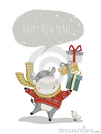 New Year 2021. Cheerful bull with gifts. new year greeting card Stock Photo