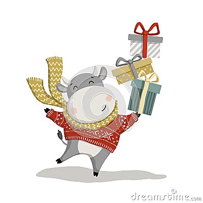 New Year 2021. Cheerful bull with gifts on a white background. new year greeting card. Stock Photo