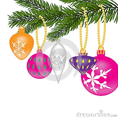 New Year or Christmas background. Fir tree branch with toys of different shapes Vector Illustration