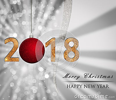 New Year Christmas background, glossy card, illustration with golden 2018 numbers, red bauble Cartoon Illustration