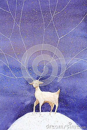 New Year Christmas card. The Christmas eagle leaves with its horns in the starry sky. Snowing. Blue and purple background. Stock Photo