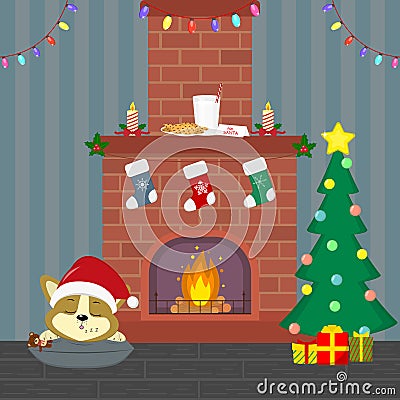 New Year and Christmas card. A cute corgi puppy in a Santa hat is sleeping near the fireplace. Christmas tree with gifts, Vector Illustration