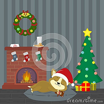 New Year and Christmas card. A cute corgi puppy in a Santa hat is sleeping near the fireplace. Christmas tree with gifts, wreath, Vector Illustration