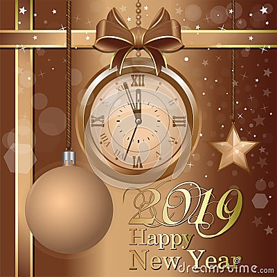 New Year 2019. Christmas card with golden clock Vector Illustration