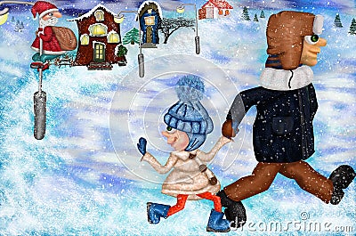 New year christmas card. Illustration girl with a with dad. Cute friendship with Santa Claus Cartoon Illustration